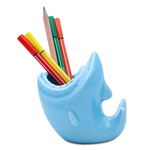 Siveit Pen Holder Ceramic Pen Pencil Cup Cute Shark Shaped Pen Pencil Holder Storage Organizer Ceramic Succulent Planter Pots for Home Office Decoration Blue