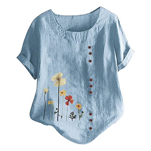 KOG Camiseta de mujer Moda Camisa de lino Camisa Elegante Manga Corta Camisetas Mujer Camiseta Casual Tie-Dye Patrón Ropa, 003 Azul, XXXL