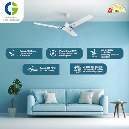Image of CG Hansair | Decorative High-Speed 1200mm Ceiling Fan | 100% Copper Motor | 2-Year Warranty | Double Ball Bearing | Metallic White Silver