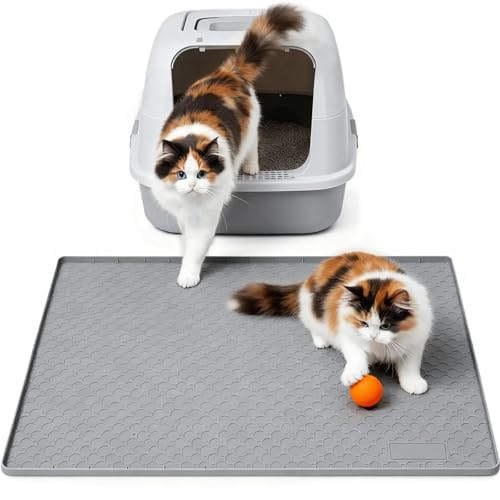 Tapis de Litière pour Chat en Silicone de Qualité Alimentaire, Grand Format 86x56cm, Imperméable et Résistant à l'Urine, Facile à Nettoyer, Tapis Anti-Dérapant pour Sol avec Bord Surélevé (Gris Clair)