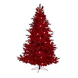 Nearly Natural 7ft. Red Flocked Fraser Fir Artificial Christmas Tree with 500 Red Lights, 40 Globe Bulbs and 1039 Bendable Branches