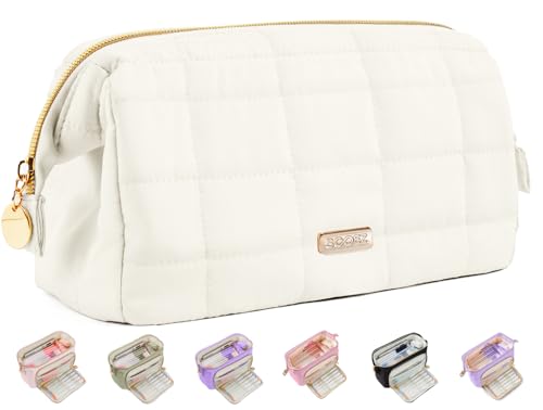 Sooez Estojo de lápis grande, bolsa de lápis macia com zíper, bolsa de caneta com abertura ampla, estojo de lápis fofo de material escolar para meninas, meninos, homens, mulheres, bege