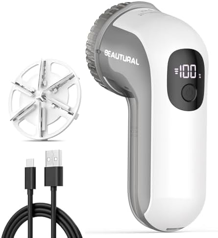 BEAUTURAL Fabric Shaver, Rechargeable Lint Remover, Electric Portable Sweater Defuzzer with 3 Speeds, 6 Leaf Blades, Digital LED Display, Remove Pilling for Clothes, Furniture, Sweater, Couch, Blanket