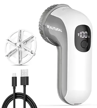 BEAUTURAL Fabric Shaver, Rechargeable Lint Remover, Electric Portable Sweater Defuzzer with 3 Speeds, 6 Leaf Blades, Digital LED Display, Remove Pilling for Clothes, Furniture, Sweater, Couch, Blanket