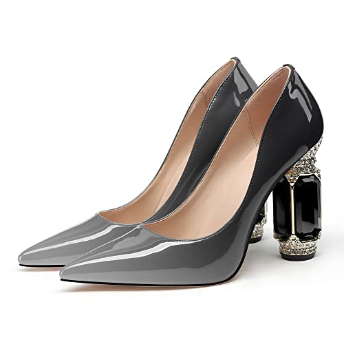 Image of JANSEVEN Women Chunky Heels Pumps Crystal Block Heels with Rhinestones Pointed Toe Sexy Gradient Patent Leather Slip on Bridal Party Wedding Dress Shoes 5-13 M US