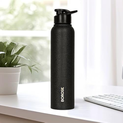 Image of Borosil 1 L Cosmo Black Stainless Steel Water Bottle | ISI Certified Made in India Single Wall, Wide Mouth, Leakproof | Powder Coated, Fridge Safe | 1 Year Warranty