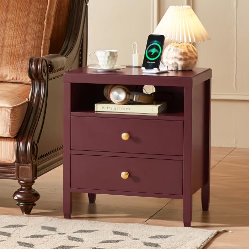 Image of Huuger Red Nightstand Set of 2, Night Stand with Charger Station