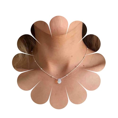 Cimenexe - Collar Bohemia con Colgante de Piedra Lunar Natural, Gargantilla de Satélite de Plata, Lágrima de Piedra Lunar, Joyería para Mujeres y Niñas