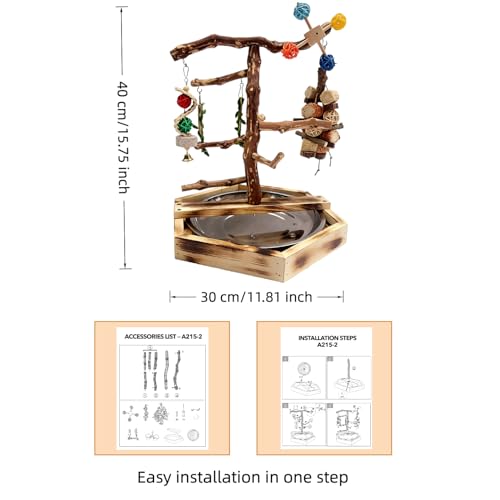 Mtiemxig Wooden Bird Play Stand for Parakeets & Cockatiels, Natural Wood Perch Gym with Hanging Toys, Removable Metal Tray, Multi-Level Bird Playground for Small to Medium Birds - Thumbnail 2