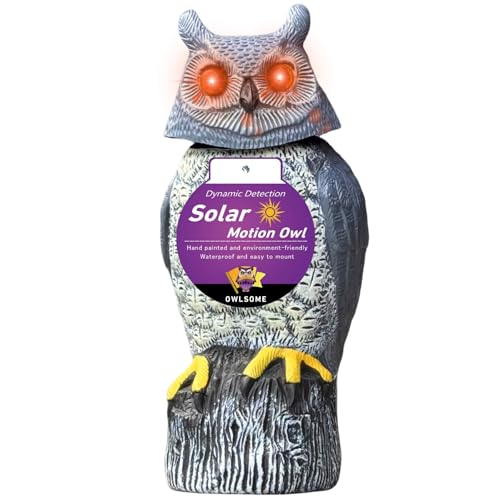 Owlsome Solar Owl with Colored Flashing Eyes, Rotating Head, Hoot Sound, Motion Detector and Silent Mode, Plastic Owl Garden Sculpture, Garden Decoration