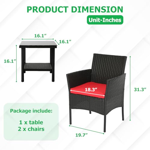 Image of FDW 3-Piece Patio Furniture Set | Black & Red | Outdoor Wicker Furniture