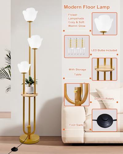Image of 63IN Floral Floor Lamp with Table, 3-Lights Dimmable Flower Floor Lamps for Wedding Party, 3000K Warm White Modern Tall Standing Lamp with 5Lbs Heavy Base for Living Room /Bedroom