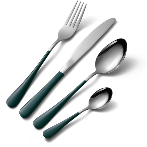 Novasteel 24-Piece Stainless Steel Silverware Set 6-Person Flatware Set with Eco-Friendly Green Coated Handles Dishwasher Safe and Rust Resistant (Silver)