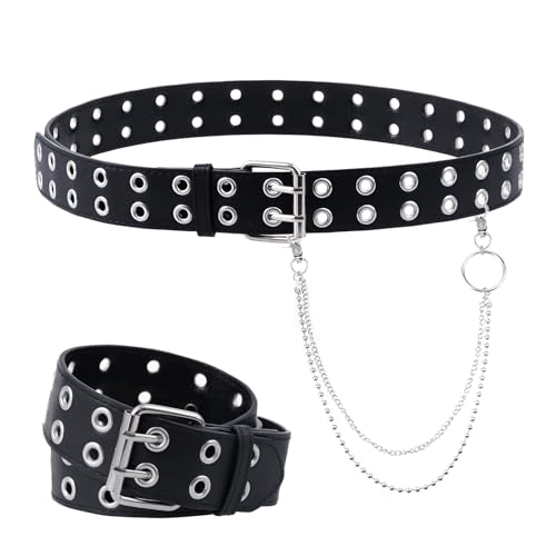 Double Grommet Leather Belt with Detachable Chain for Women Men, Punk Rock Metal Jeans Belts with 2 Hole Black