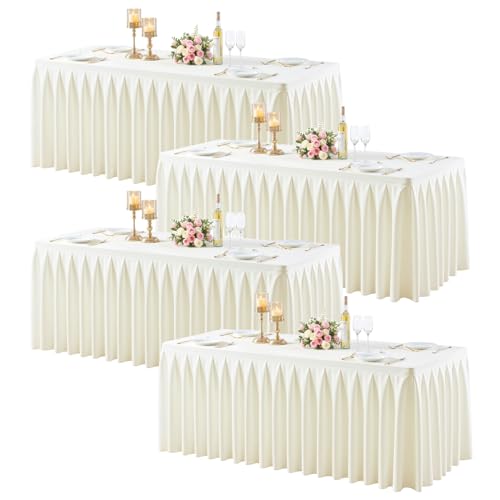 gogoparti Table Skirts for Rectangle Tables 6ft, 4 Pack Ivory Table Covers for 6 Foot Tables Wrinkle Free Stretch Table Cloths with Pleated Skirt Fabric for Banquet, Party, Wedding