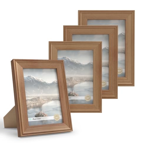 Image of iRahmen 5x7 Picture Frames Set of 4 with HD Glass, Display Pictures 5 x 7 Without Mat, Walnut Rustic Photo Frame for Wall Mount and Tabletop Display