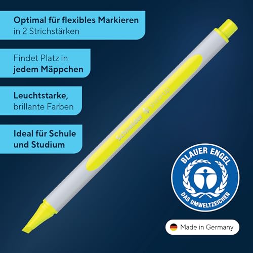 Schneider Shine-Up Textmarker (Strichstärke 1 + 4 mm, aus biobasiertem Kunststoff, ausgezeichnet mit Der blaue Engel), 4 Stück sortiert