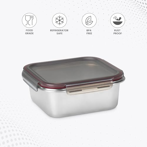 Image of MILTON Steel Lock and Store Square 1500 Stainless Steel Container with four side lock plastic lid, 1440 ml, Silver Silver, Food Grade, Refrigerator Safe, Rust Resistant, BPA Free