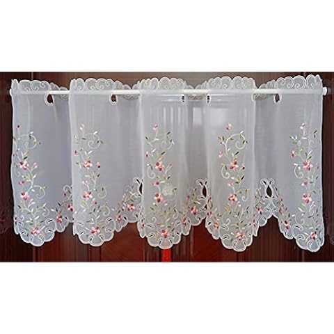 ACMHNC Voile Coffee Curtain, Leaves and Flower Pattern Embroidery Sheer Curtain Valance Modern Light Filtering Voile Window Treatment 1 Panel,White,W x H 150x45cm Cover