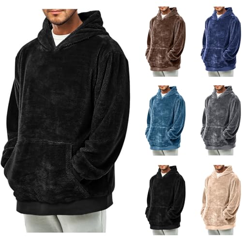 Thatrich Mens Fleece Hoodies Sherpa Pullover Sweatshirt Oversized Plain Hoodies Long Sleeve Hooded Shirt Fuzzy Sweatshirt Top