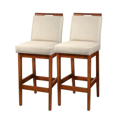 Kit 2 Banqueta Alta Rubi Para Cozinha De Madeira Maciça Estofada Com Encosto Para Bancada Americana (Linho Bege)