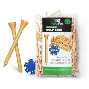 Wedge Guys Bamboo Golf Tees 1-1/2, 2-3/4 & 3-1/4″ | 100,250,500 or 1000 pcs. | Free Ball Marker – Stronger Than Wood Tees, Biodegradable & Less Friction | PGA Professional Approved, Golf Tees Bulk Bag