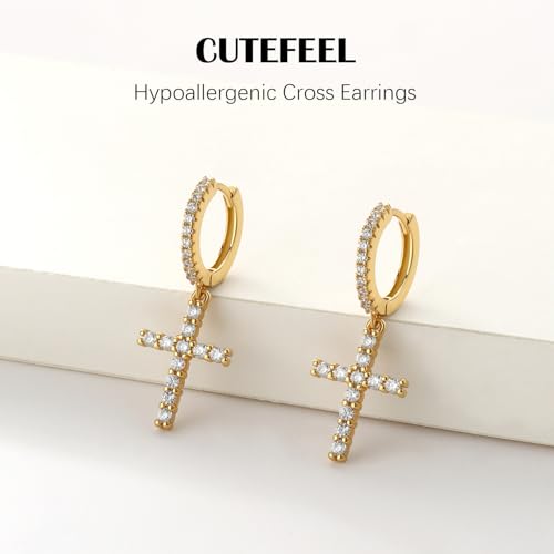14K Gold Plated Cross Earrings for Women Men, CZ Cross Dangle Earrings Hypoallergenic Jewelry Gift3