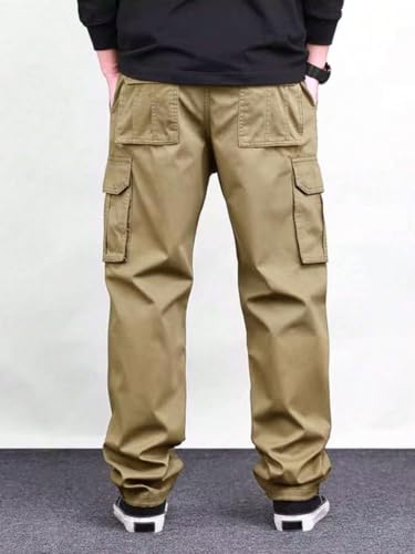 Image of Pure Cotton Cargo Pants for Men | Cargo Pant Man | Elastic Drawstring Waist Straight Fit Lower Pant | Multi-Pocket Utility Trousers for Men | Stylish Comfortable Casual Outdoor Bottom Wear
