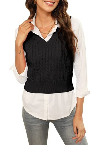 Image of HOCOSIT Women's Knitted V-Neck Vest Argyle Plaid Preppy Style Sleeveless Pullover Crop Sweater Vest