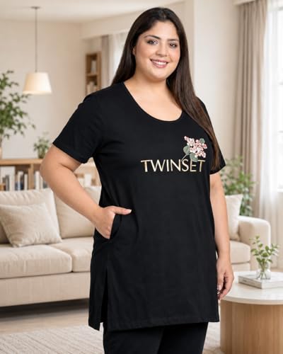 Image of In Love Women's Printed Cotton Plus Size Longline T-Shirt with Pockets | Cotton fabric - soft longline T-shirt with easy plus-size fit