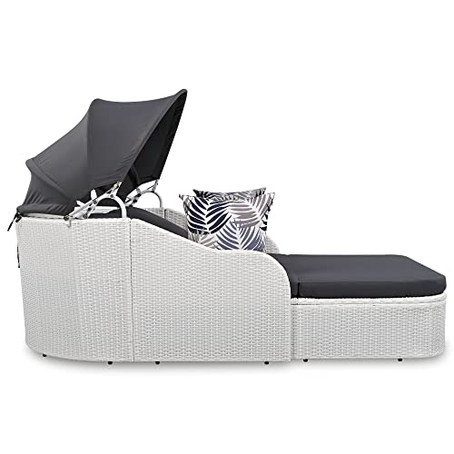 Aocoroe Outdoor Sunbed Daybed With Canopy, Pe Wicker Cushion Back Patio Furniture Furniture Set Double Chaise Lounger With Cushions, Pillows And Retractable Canopy #TOP2