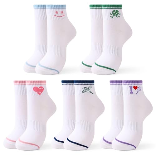 Jeasona Tennis Socks Women Tennis Gifts for Women 5 Pairs Funny White Athletic Ankle Socks Size 6-9 Gifts for Players Female Accessories Outfits