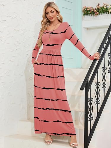 Image of DEARCASE Women's Maxi Dress Long Sleeve Crewneck Empire Waist Long Dresses | Empire Waist,round neck,floor length, dual side pockets, A-line,fall winter long dresses for wedding guest,party,vacation