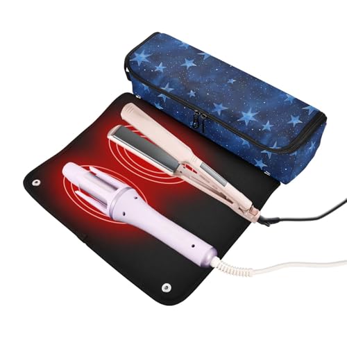 Bolsa de viaje para herramientas de cabello para mujeres con tapete resistente al calor removible, estuche doble capa para planchas y accesorios de cuidado capilar, diseño Deep Blue Stars miniatura 2