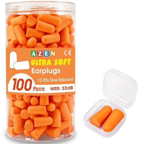 Image of AZEN 100 Pairs Ear Plugs Bulk, NRR 32dB Soft Foam Ear Plugs for Sleeping Noise Cancelling, Earplugs for Concerts Shooting Swimming Noise Reduction (Orange)