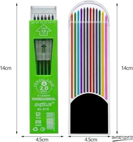 Image of worison 3pc Multicolored 2B Mechanical Pencil Set with 2.0mm Tip - Includes 12 Black and 12 Multicolor Leads in Portable Storage Case for Writing, Drawing, Coloring, and Creative Work