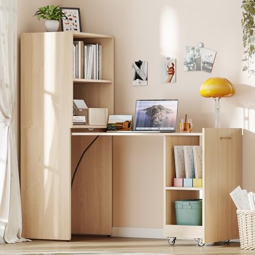 Image of Zevemomo Folding Desk, Convertible Table with Shelves & Wheels - Beige