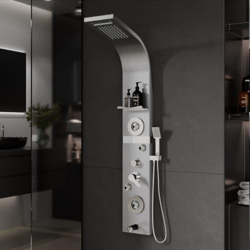 Image of Backline shower panel | 7 In 1 Shower System 304 Grade Stainless Steel | Shower With Storage Shelf, LED Rainfall Shower,Hot & Cold Adjustable,Massage Spray,Hand Shower & Water Spout