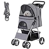ZENY Foldable Pet Stroller, Cat/Dog Stroller with 4 Wheel, Pet Travel Carrier Strolling Cart with Storage Basket, Cup Holder (Grey)