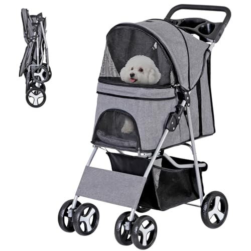 Image of ZENY Foldable Pet Stroller, Cat /Dog Stroller with 4 Wheel, Pet Travel Carrier Strolling Cart with Storage Basket, Cup Holder (Grey)