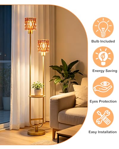 Image of Deep-Red Glass Floor Lamp with Table Shelf, Modern Gold Standing Lamp, Tall Farmhouse Floor Lamp with Foot Switch & 3000K Warm White Bulb Included for Living Room Bedroom Home Office