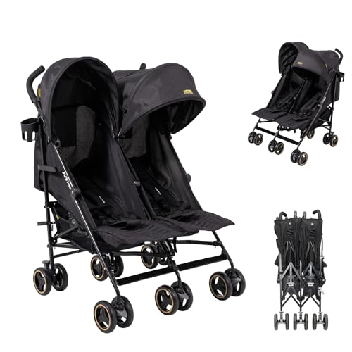 Jovikids Twin Lightweight Baby Stroller, Folding Double Pushichair with Large Sun Canopy, Rain Cover, Cup Holder, Capacity up to 30 kg, Adjustable Backrest, Lockable Wheels (Black, Twin)