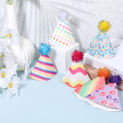 6 Stück Partyhüte Geburtstag,Partyhüte für Kuscheltiere Bunt Geburtstagshut für Hunde Und Katzen Partyhüten Mit Pompon und Glitzerdetails Kleine Kegelhüte mit Glitzer Pompons Kgeburtstagszubehör