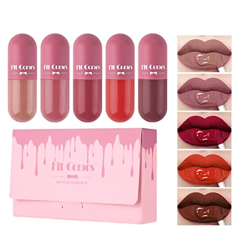 FREEORR 5Pcs Mini Capsule Matte Lipstick, Smoothe Texture Velvety Matte, Non-sticky, Portable Matte Liquid Capsule Lip Gloss, Matte Lip Makeup Sets for Women Girls