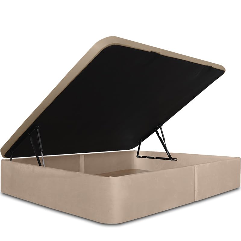 Ventadecolchones - Canapé Modelo Serena Gran Capacidad Apertura Lateral tapizado en Terciopelo Beige Medidas 135 x 190 cm con Tapa en Tejido 3D