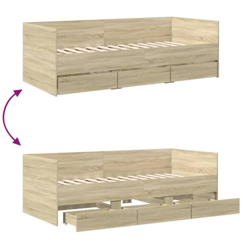 vidaXL Tagesbett, Gästebett mit 3 Schubladen mit Rollen, Schlafsofa für Schlafzimmer, Bettsofa Sofabett Daybed Bett, Sonoma-Eiche 100x200cm Holzwerkstoff – Bild 5