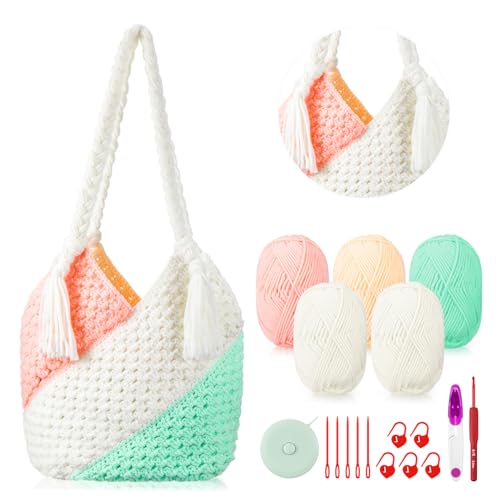 Whdiystella Crochet Bag Kit Crochet Kit for Beginners Starter Knitting Kit with Step-by-Step Video Tutorials Adult Crafts Projects Crochet Yarn, Crochet Hook for Crafting Gift