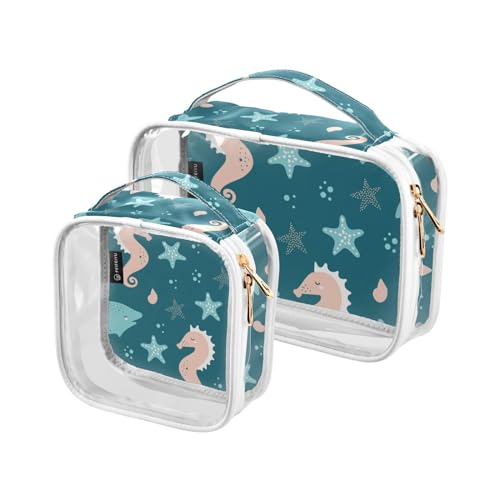 Sea Life - Beauty case trasparente da viaggio, 2 pezzi, in PVC trasparente, per donne e uomini, Multicolore, 2 pezzi, Beauty case