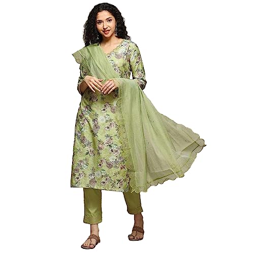 Image of BIBA Printed Poly Cotton Round Neck Women's Kurta Trouser Dupatta Set