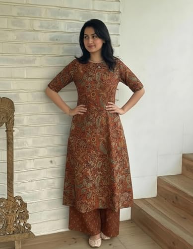 Image of ANNI Designer Women's Rayon Viscose Straight Printed Kurta with Palazzo | Elbow Length Sleeve Kurti Set | Close Neck with Back Slit | Soft Comfortable Fabric | 2 Piece Outfit